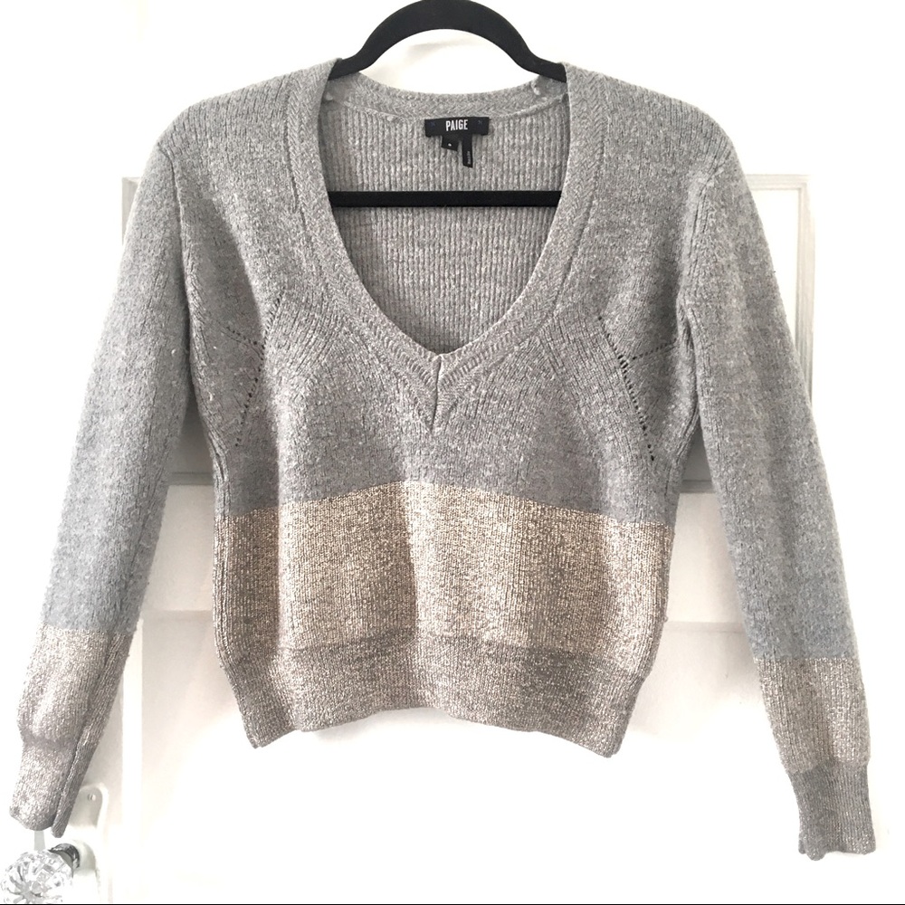 Paige Grey Gold V-Neck Merino Wool Cropped Y2K Sweater Small S
